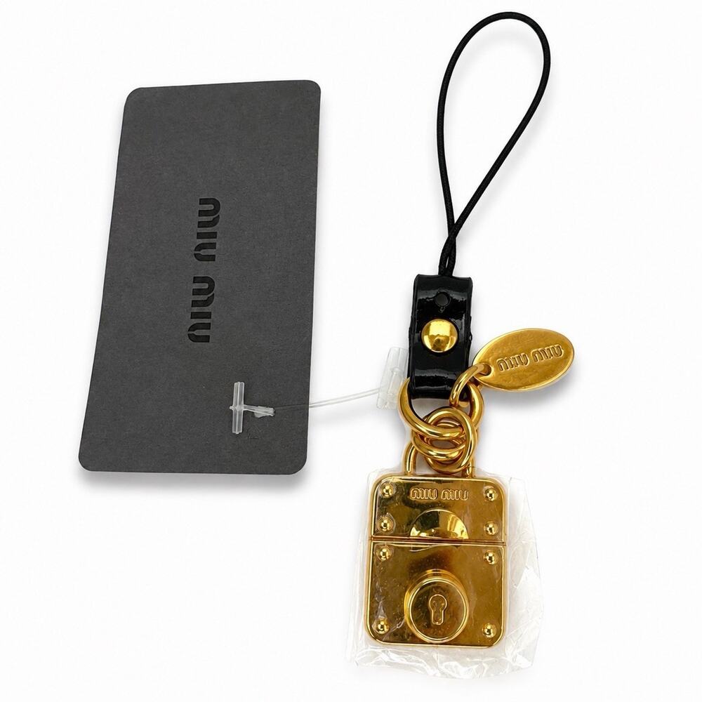Miu Miu Gold Padlock Phone Charm Bag Charm Keychain Black Strap NWT Designer